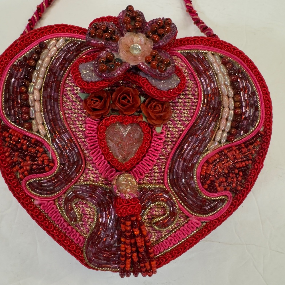 Vtg Mary Frances Heart Purse Beaded Floral Crossbody Pink Red Y2K Bag Valentines - Picture 2 of 10